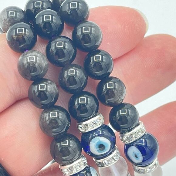 Crystal beaded stretch bracelet ONE NEW evil eye silver obsidian reiki meditatio - Picture 7 of 9